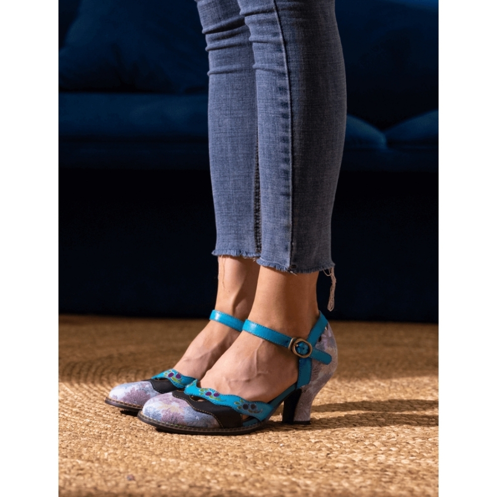 Soffia Naya Blue Floral Leather Pumps Heels Shoes